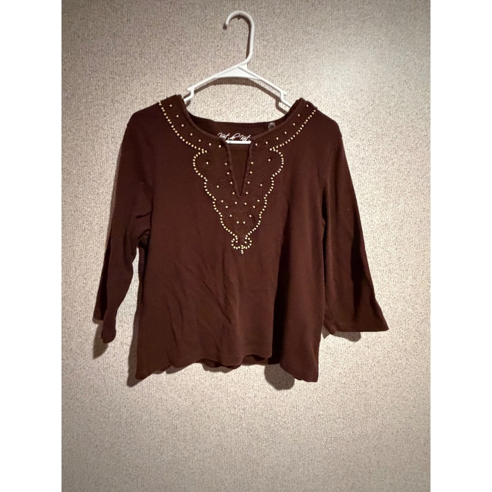 Knit de Knit Womens Brown Beaded Embroidered Split Neck 3/4 Sleeve Top Large